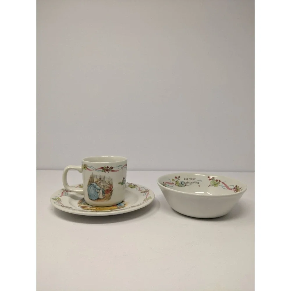 Vintage Beatrix Potter Peter Rabbit Christening 3-Piece Child Dish Set Cup Bowl